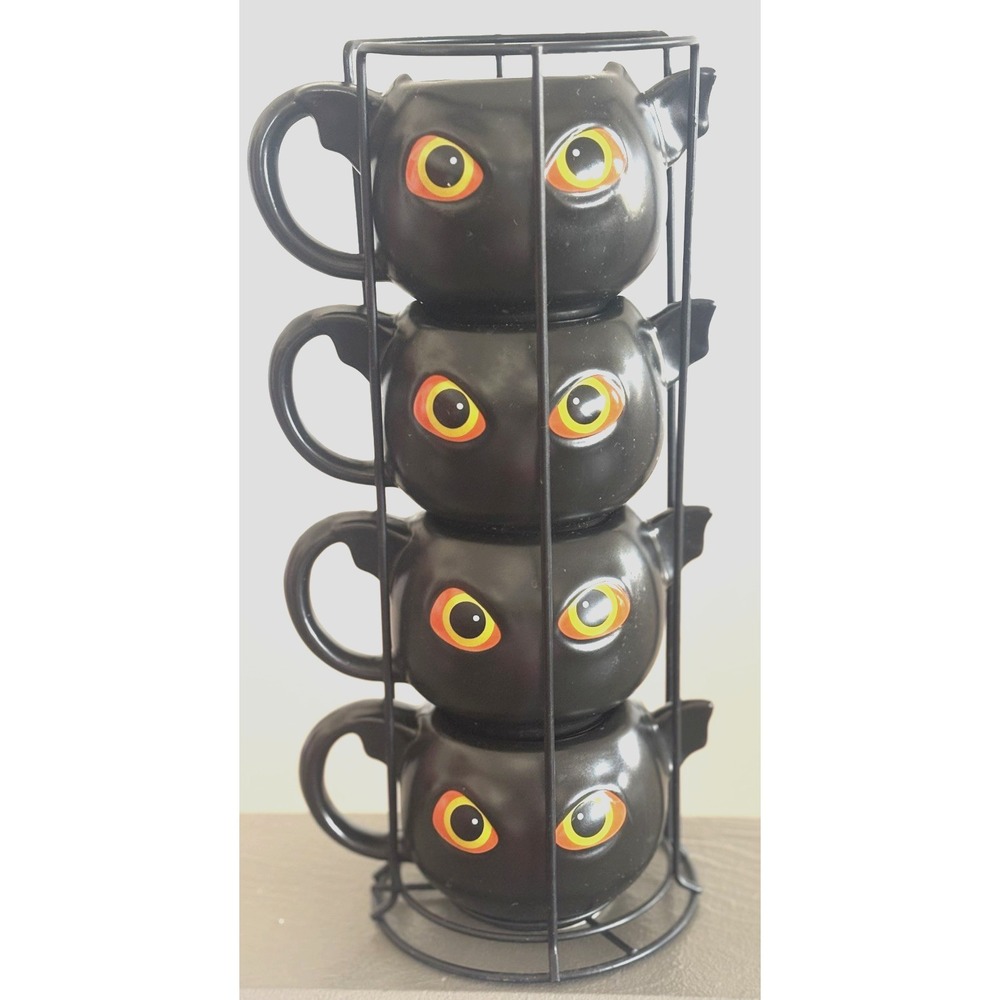 Set of 4 Black Bat Stacking Mugs with Metal Rack Ceramic Coffee Cups Halloween